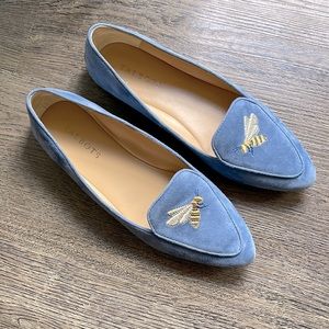 Baby Blue Suede Loafers with Embroidered Bee
